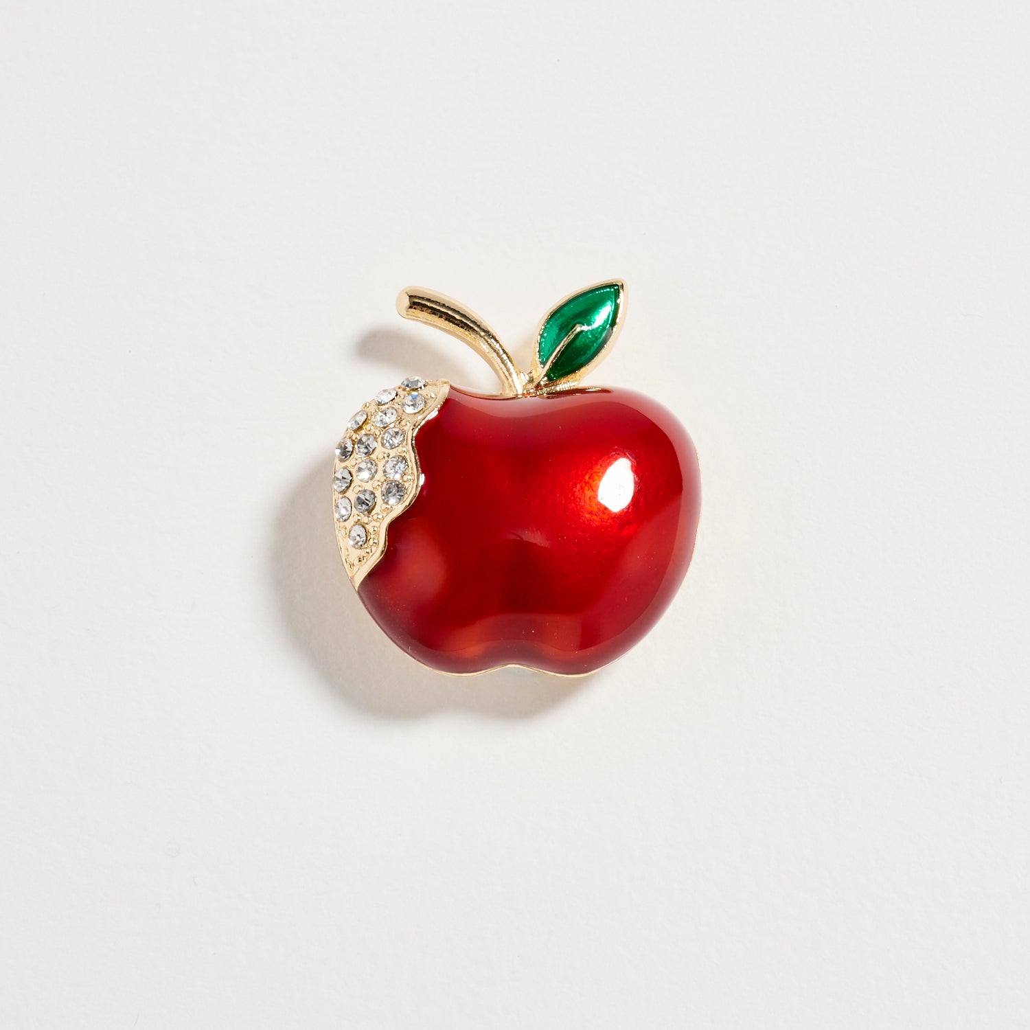 Gold Tone Enamel Apple Brooch -- Red Crystal Accent