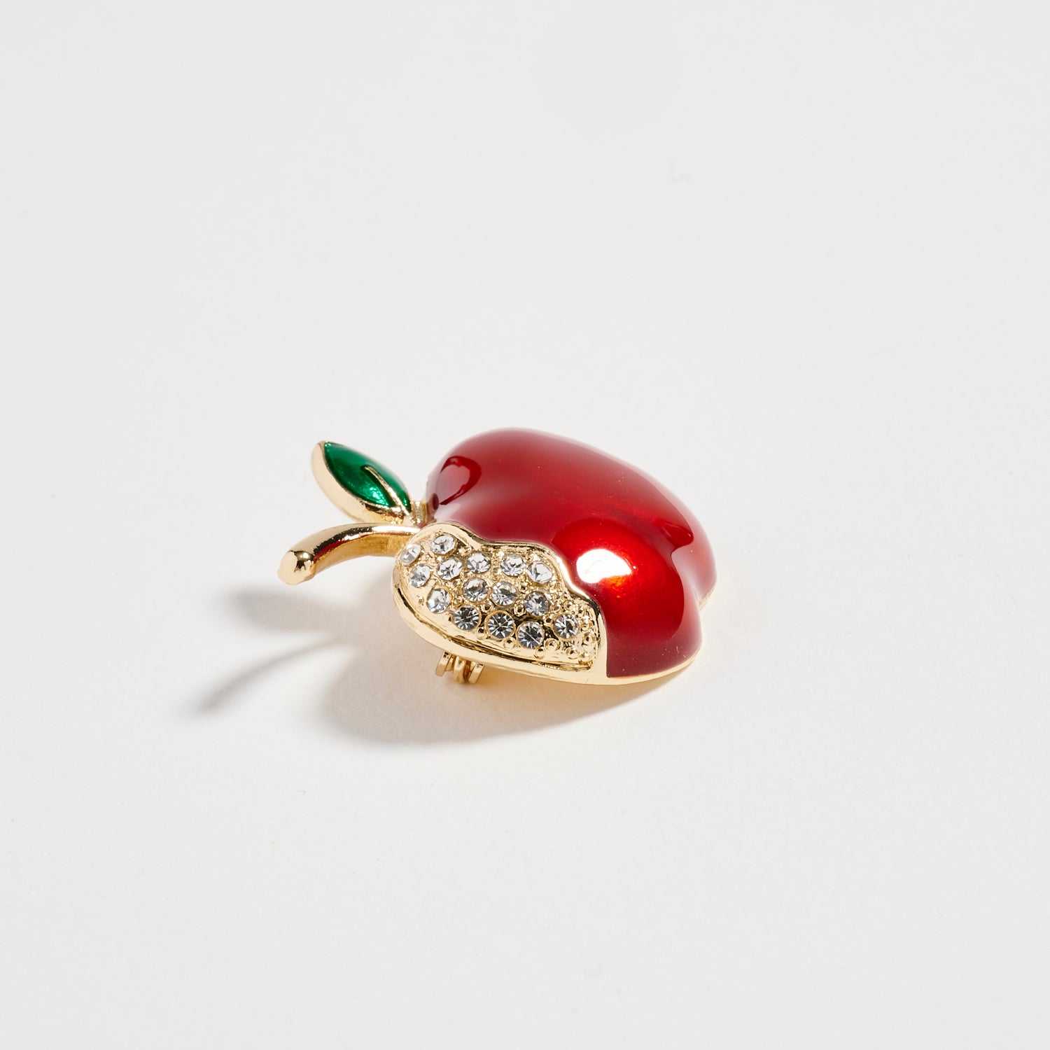 Gold Tone Enamel Apple Brooch | Red Crystal Accent