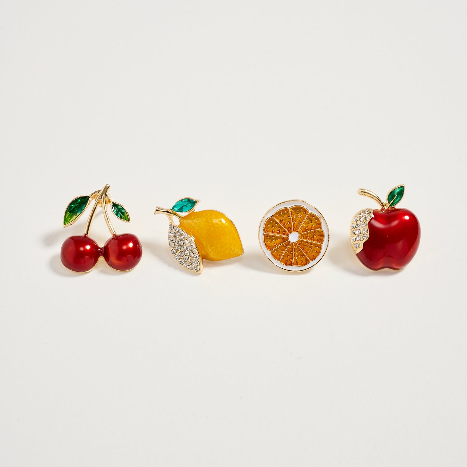 Gold Fruit Brooch Pin Set | Cherry, Lemon, Orange Slice &amp; Apple Rhinestone Enamel Pins (4-Piece Statement Collection)
