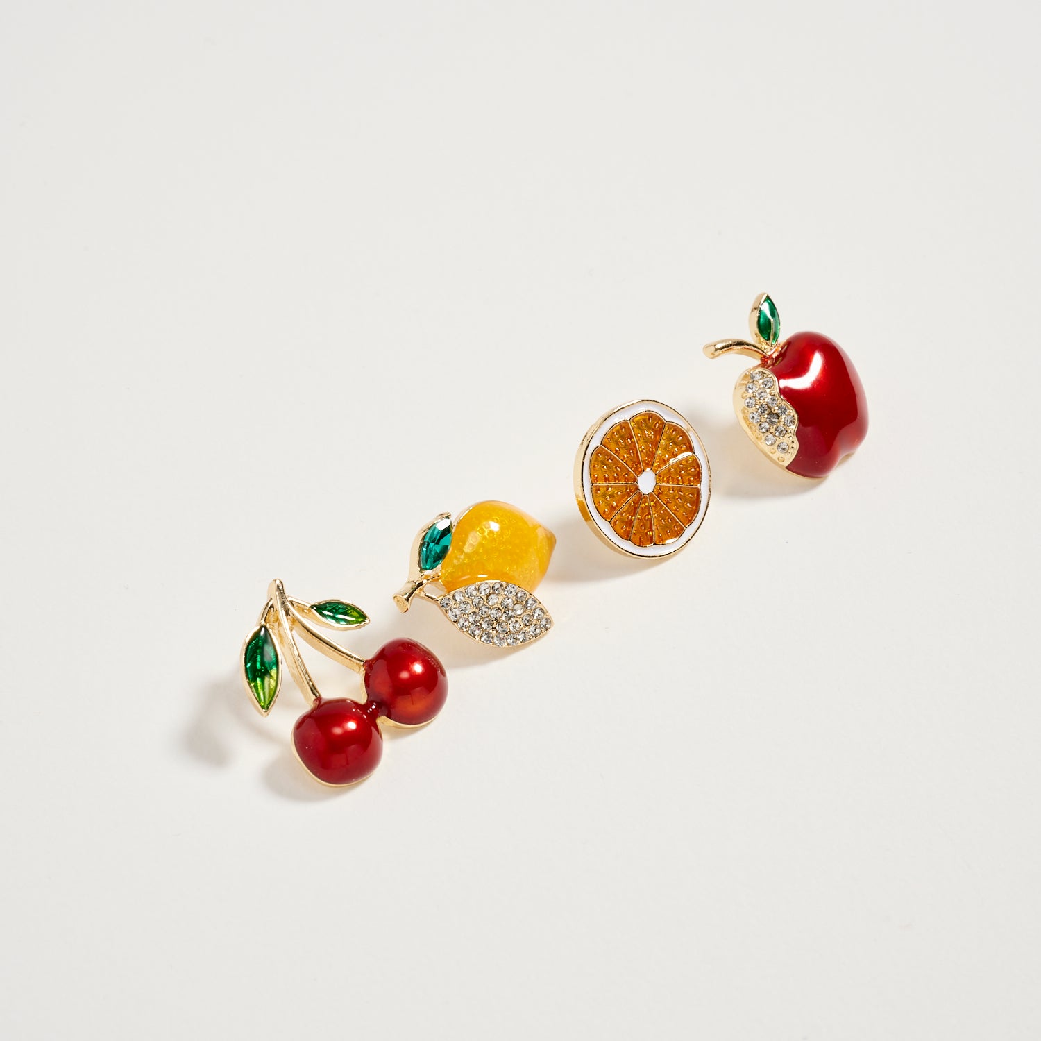 Gold Fruit Brooch Pin Set | Cherry, Lemon, Orange Slice &amp; Apple Rhinestone Enamel Pins (4-Piece Statement Collection)