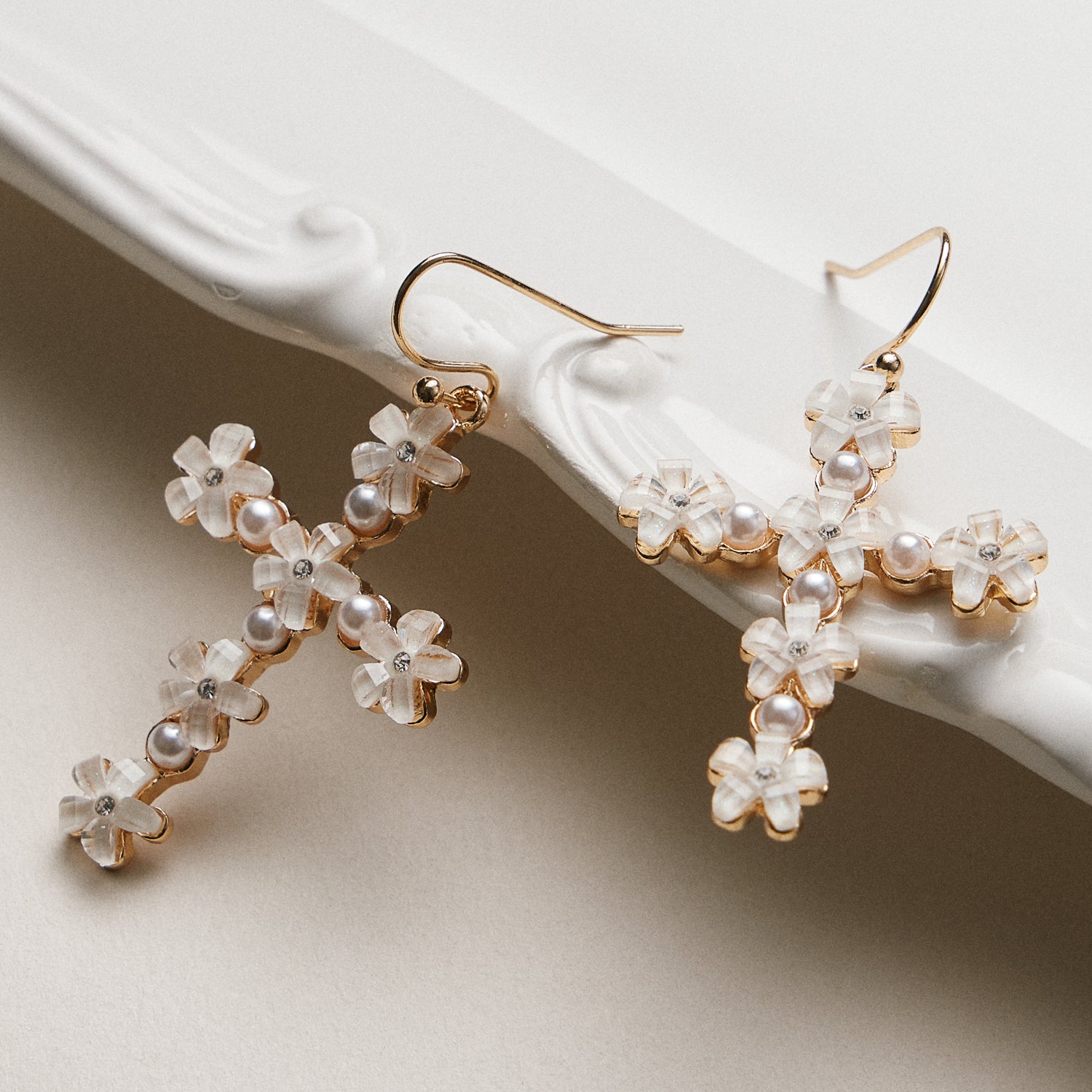 Floral Cross Drop Earrings | Pearl & Crystal Daisy Jewelry