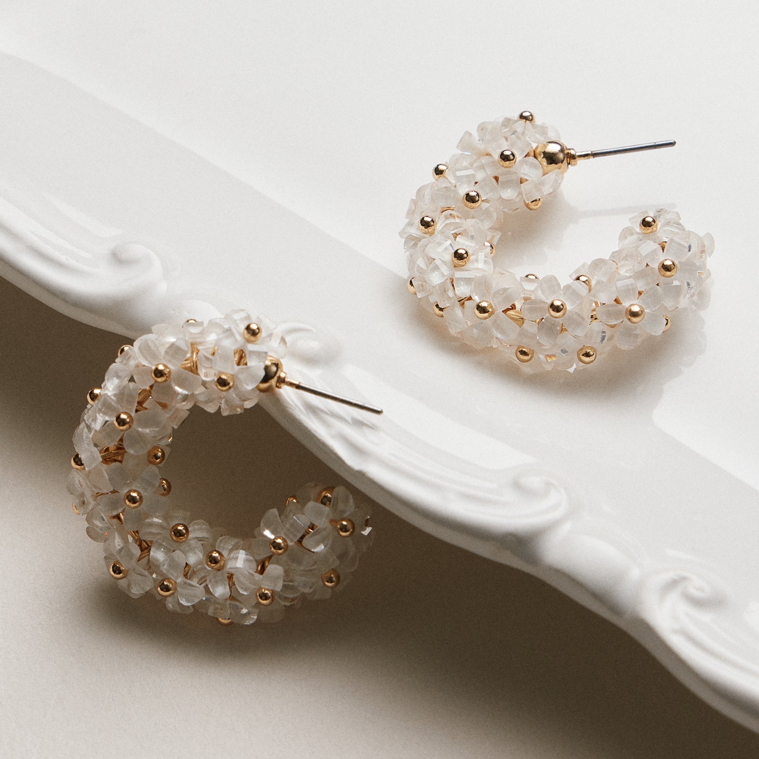 Crystal Flower Hoop Earrings | Gold Beaded Hoops Crystal Jewelry