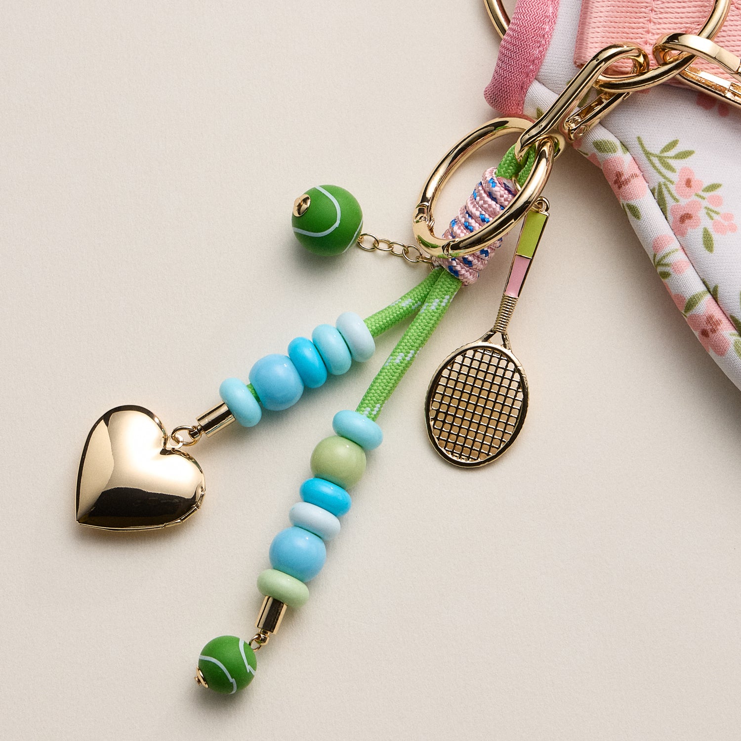 Tennis Charm Beaded Keychain with Heart Locket – Colorful Bead & Racket Bag Charm