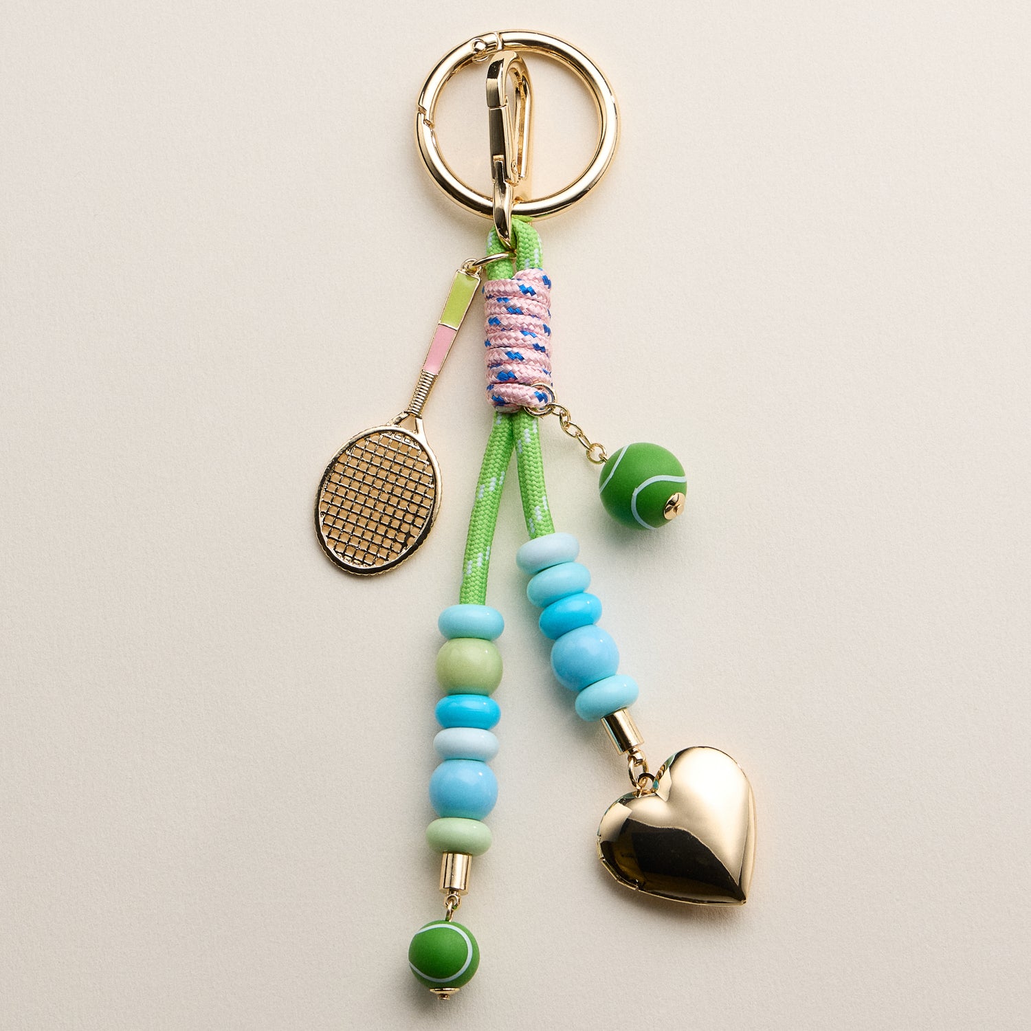 Tennis Charm Beaded Keychain with Heart Locket – Colorful Bead & Racket Bag Charm