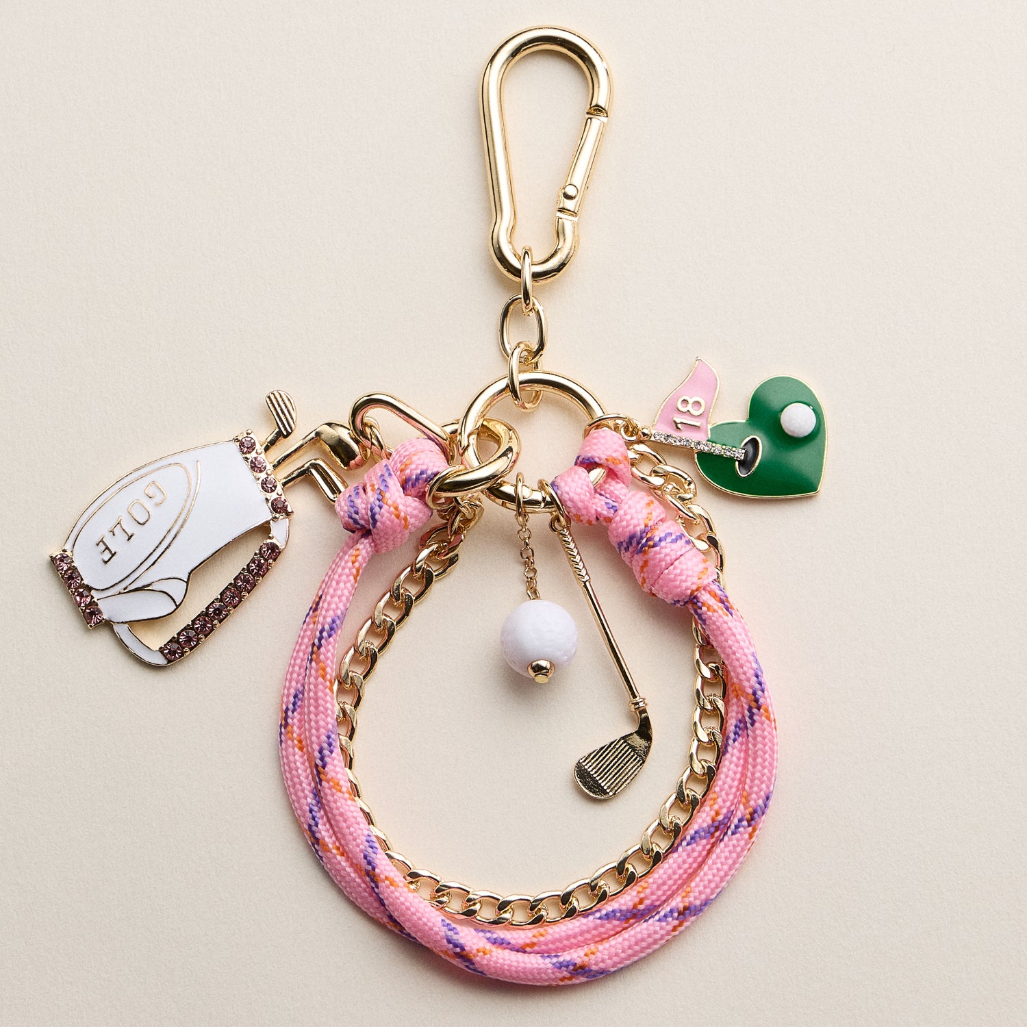 Pink Golf Charm Keychain Bracelet – Beaded Wristlet with Golf Bag & Flag Charms