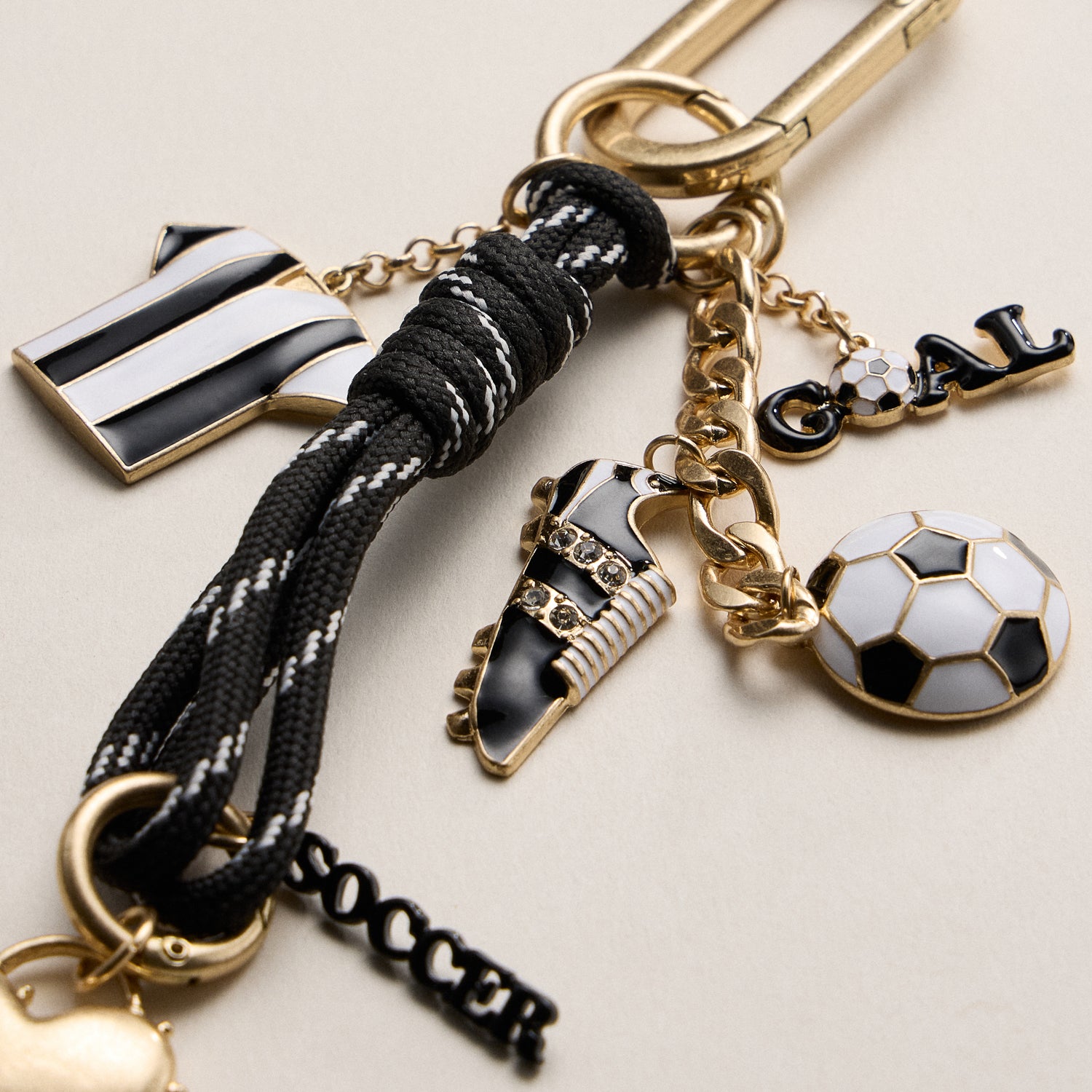 Soccer Charm Keychain with Black & White Enamel Charms – Sports Bag Accessory