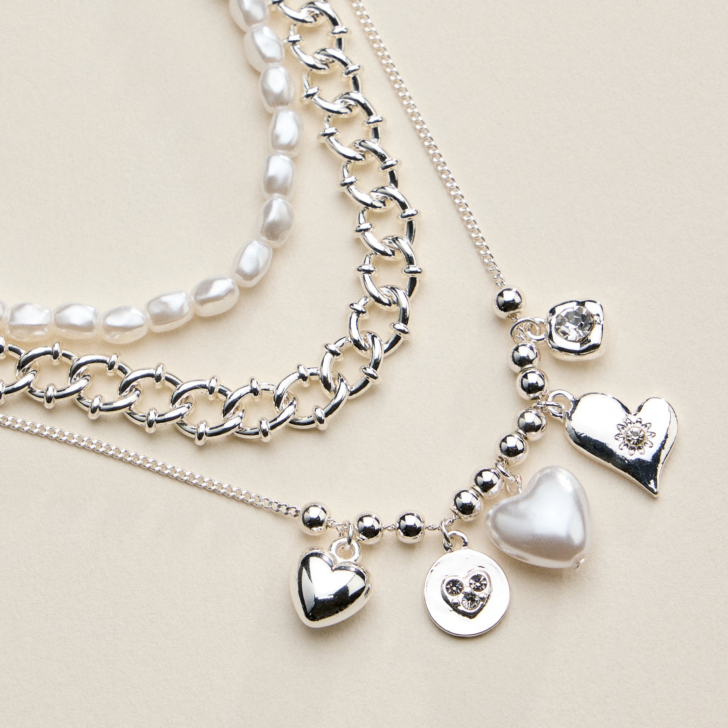 Layered Pearl Heart Necklace for Women – Mixed Chain Necklace with Heart Charms