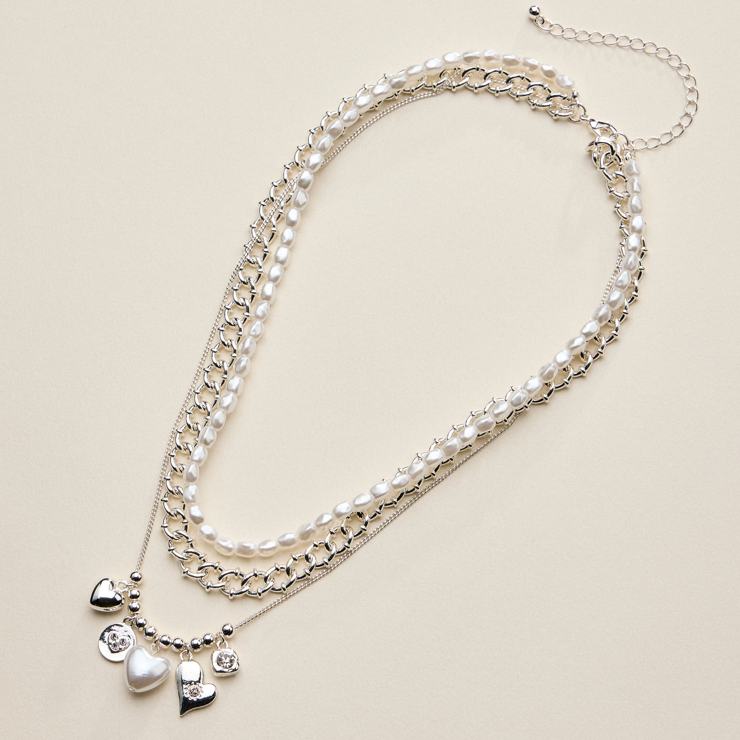 Layered Pearl Heart Necklace for Women – Mixed Chain Necklace with Heart Charms