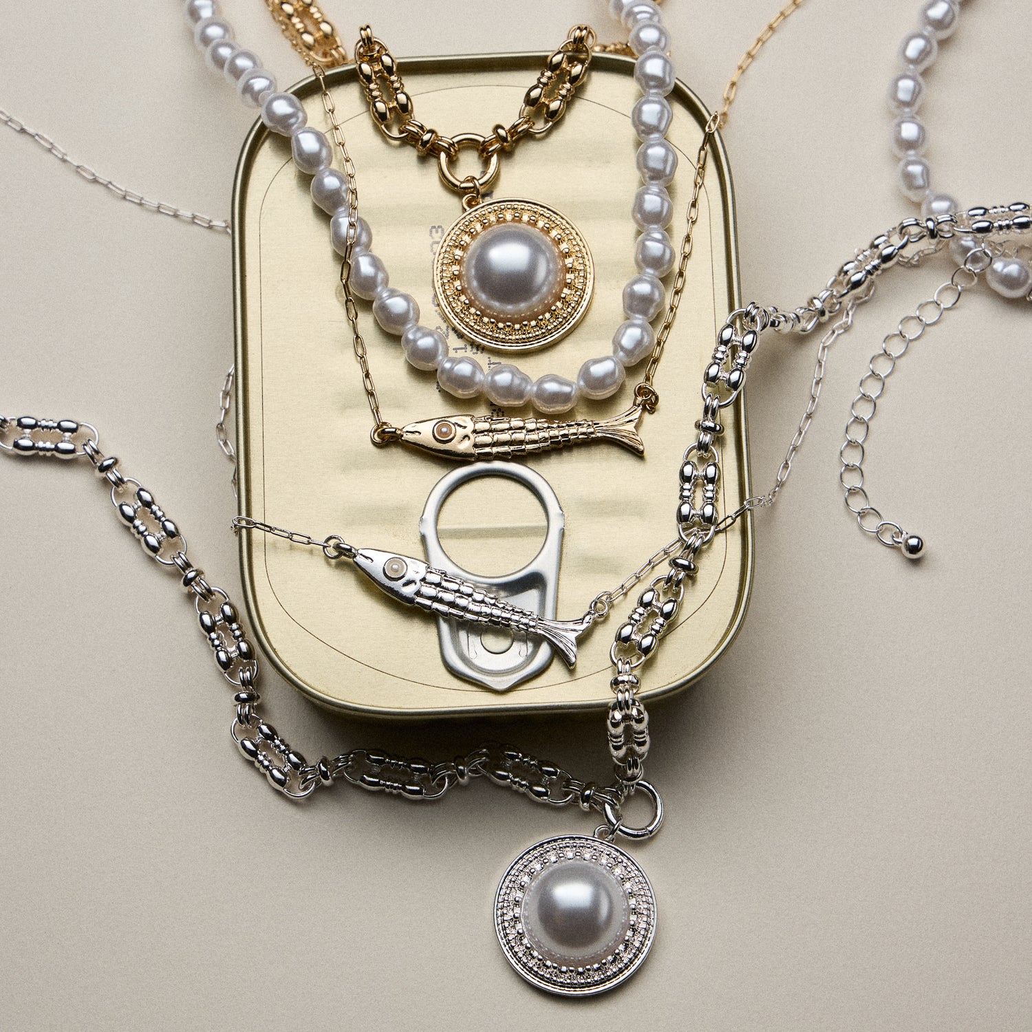 Layered Pearl and Chain Necklace with Round Pendant – Fish Link Detail