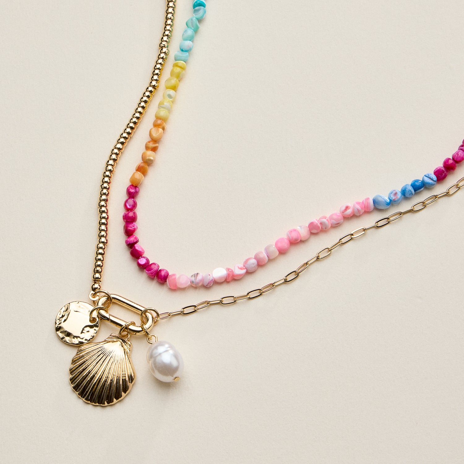 Gold Shell Charm Layered Beaded Necklace