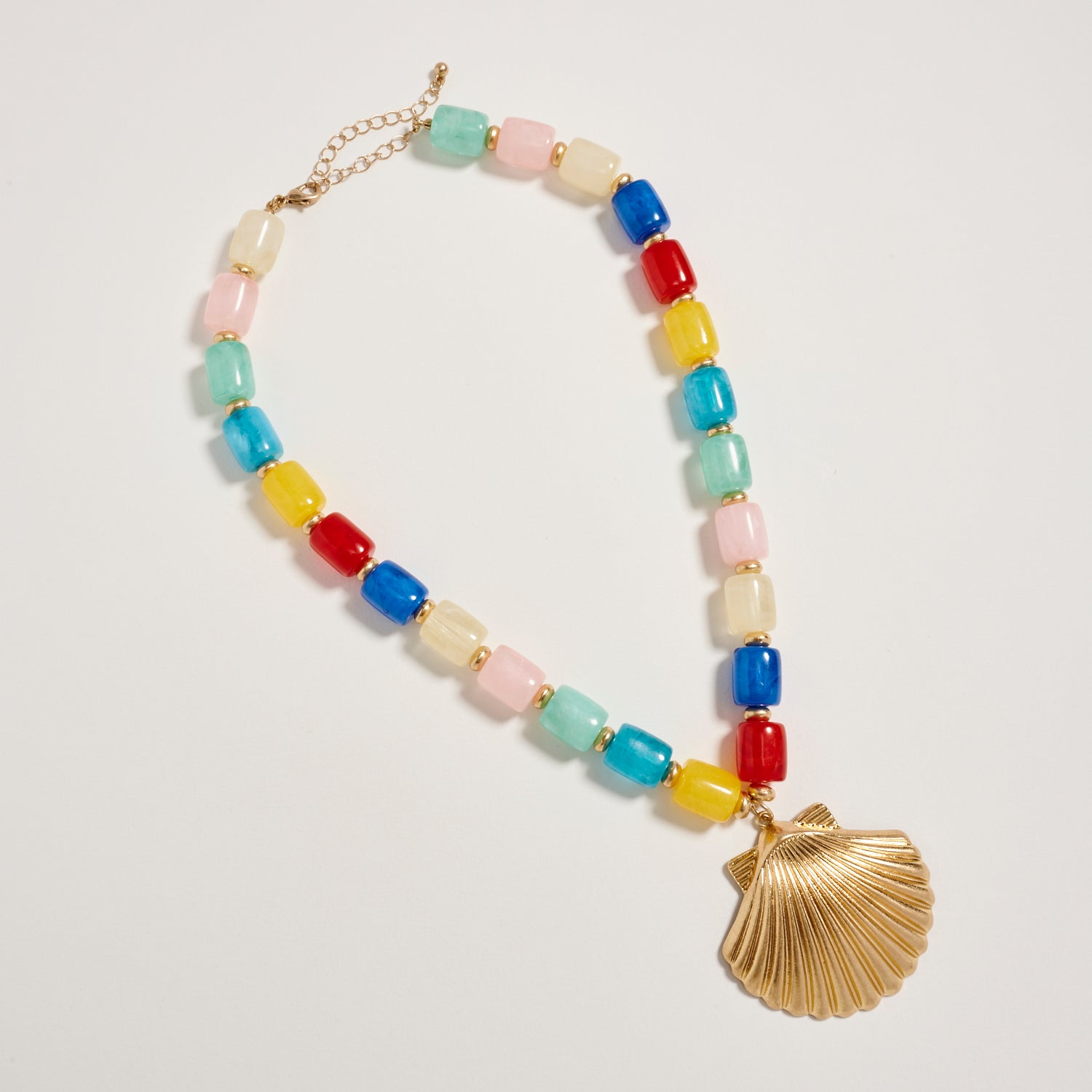 Gold Seashell Pendant Beaded Necklace – Chunky Resin Barrel Beads with Adjustable Chain, Coastal Statement Jewelry for Women - Frem