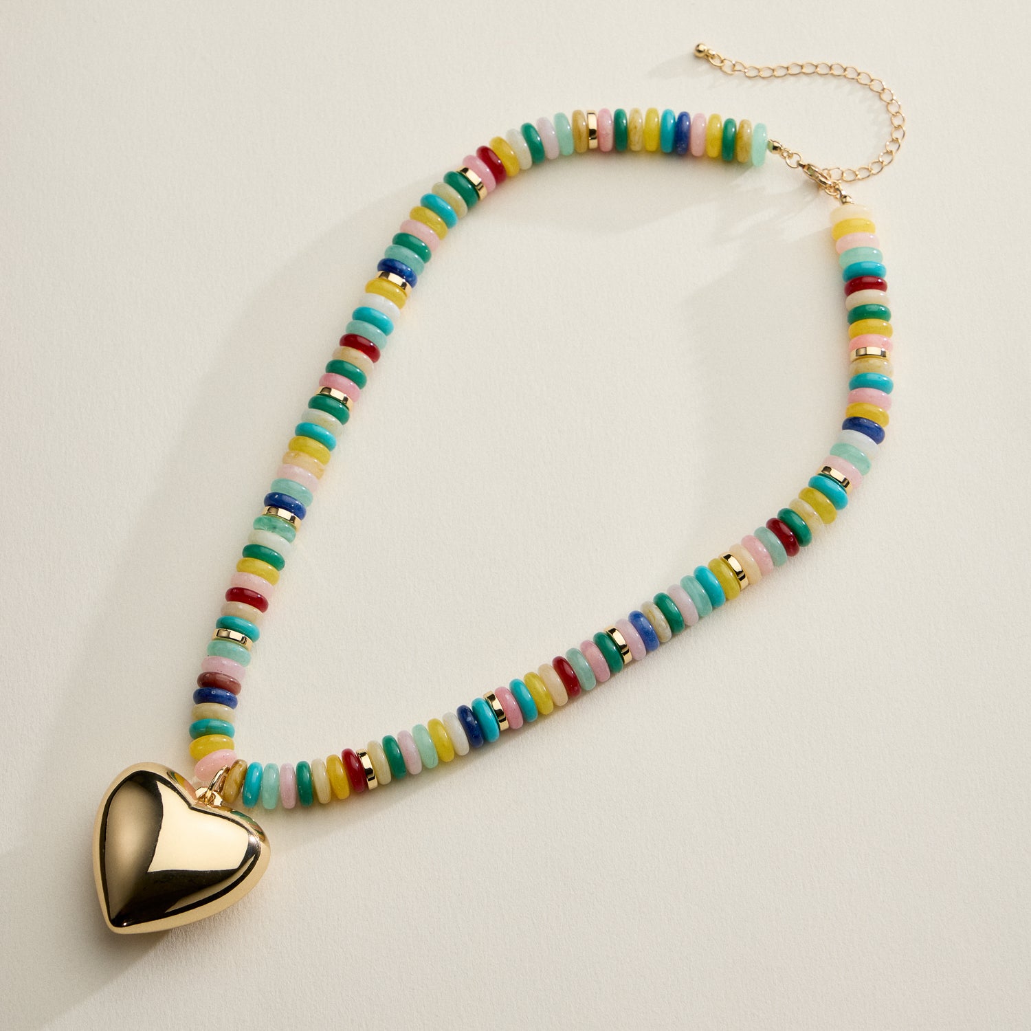Gold Heart Pendant Beaded Necklace – Colorful Stone Choker with Adjustable Chain - Frem