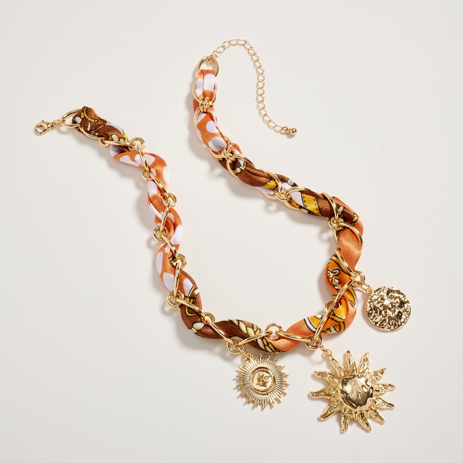 Gold Sun Charm Scarf Necklace – Brown Silk Chain Statement Necklace for Women - Frem