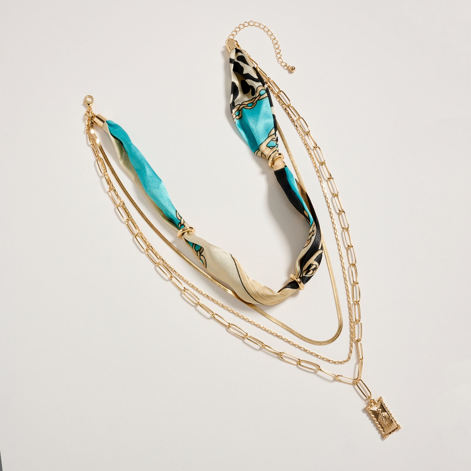Silk Scarf Layered Chain Necklace with Gold Pendant
