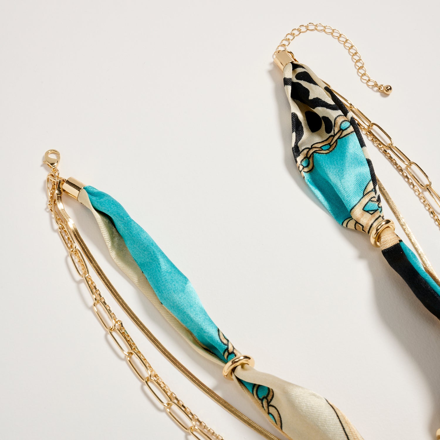 Layered Gold Chain Scarf Necklace – Turquoise Silk Multi-Strand Pendant Necklace - Frem