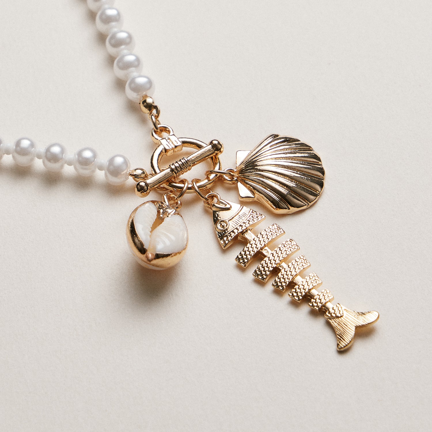 Pearl Charm Necklace — Shell & Fish Pendant