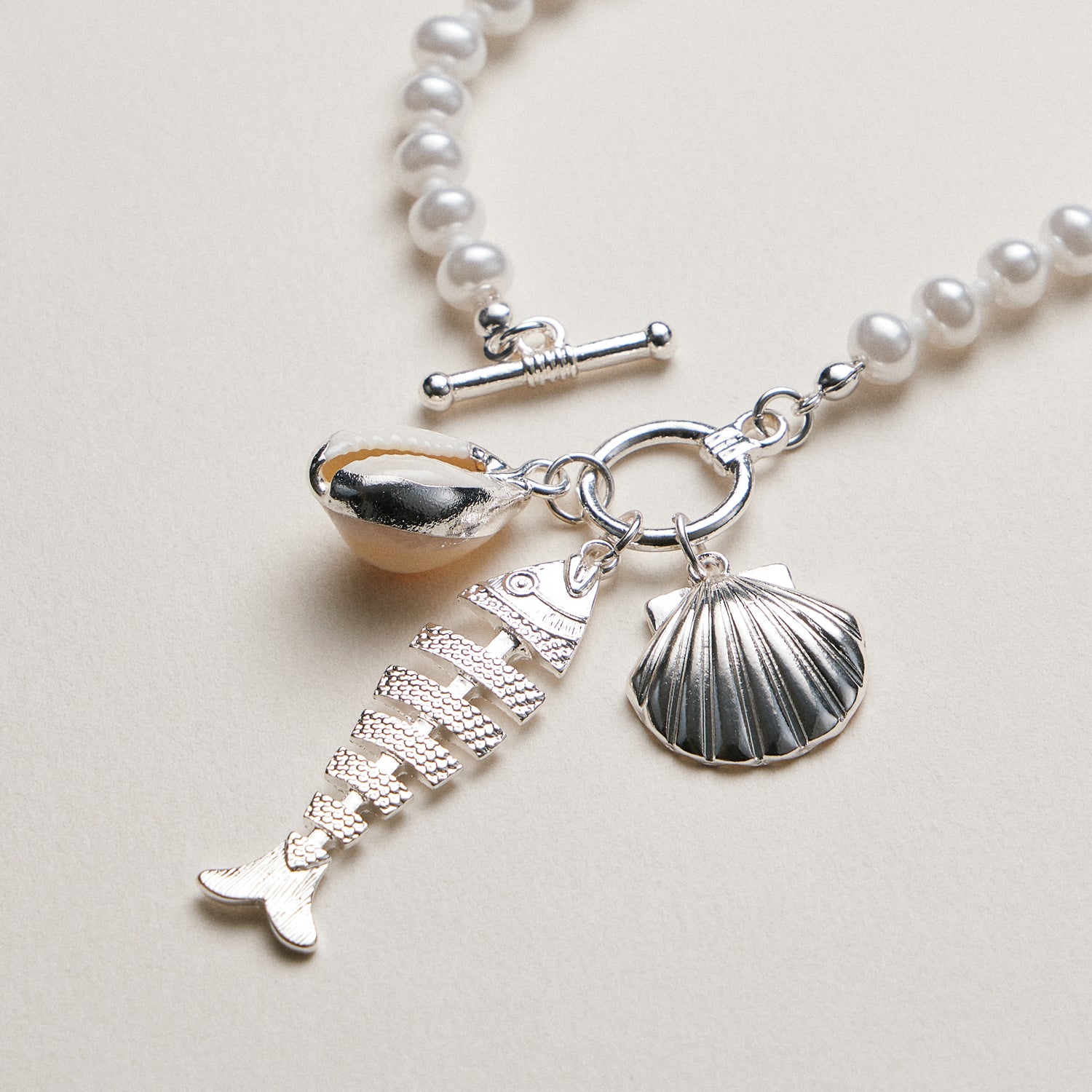 Pearl Charm Necklace — Shell & Fish Pendant