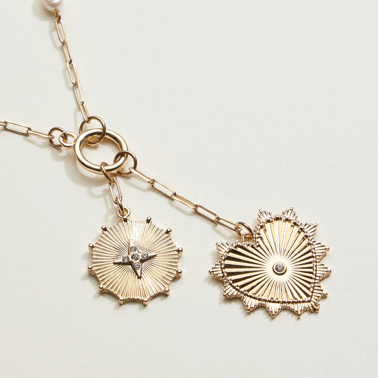 Pearl Chain Double Sun and Heart Charm Necklace | Oversized Layered Necklace