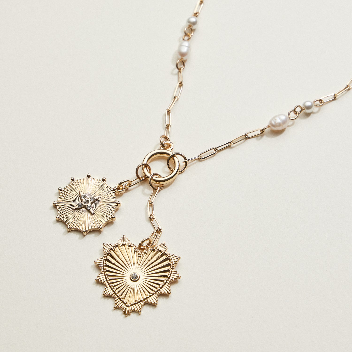 Pearl Chain Double Sun and Heart Charm Necklace | Oversized Layered Necklace