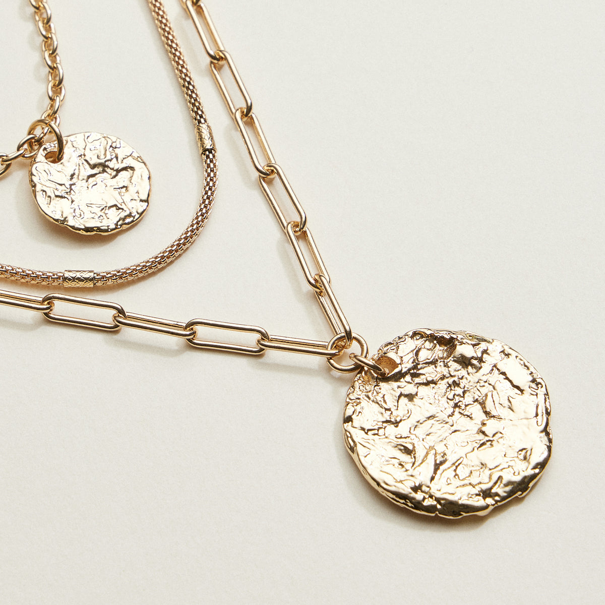 Hammered Disc Layered Necklace | Triple Chain Necklace