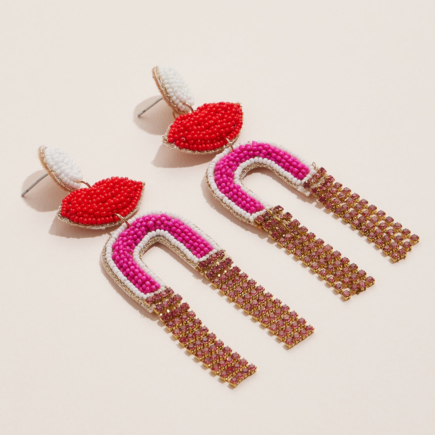 Pink and Gold Fringe Lip and Arch Beaded Drop Earrings