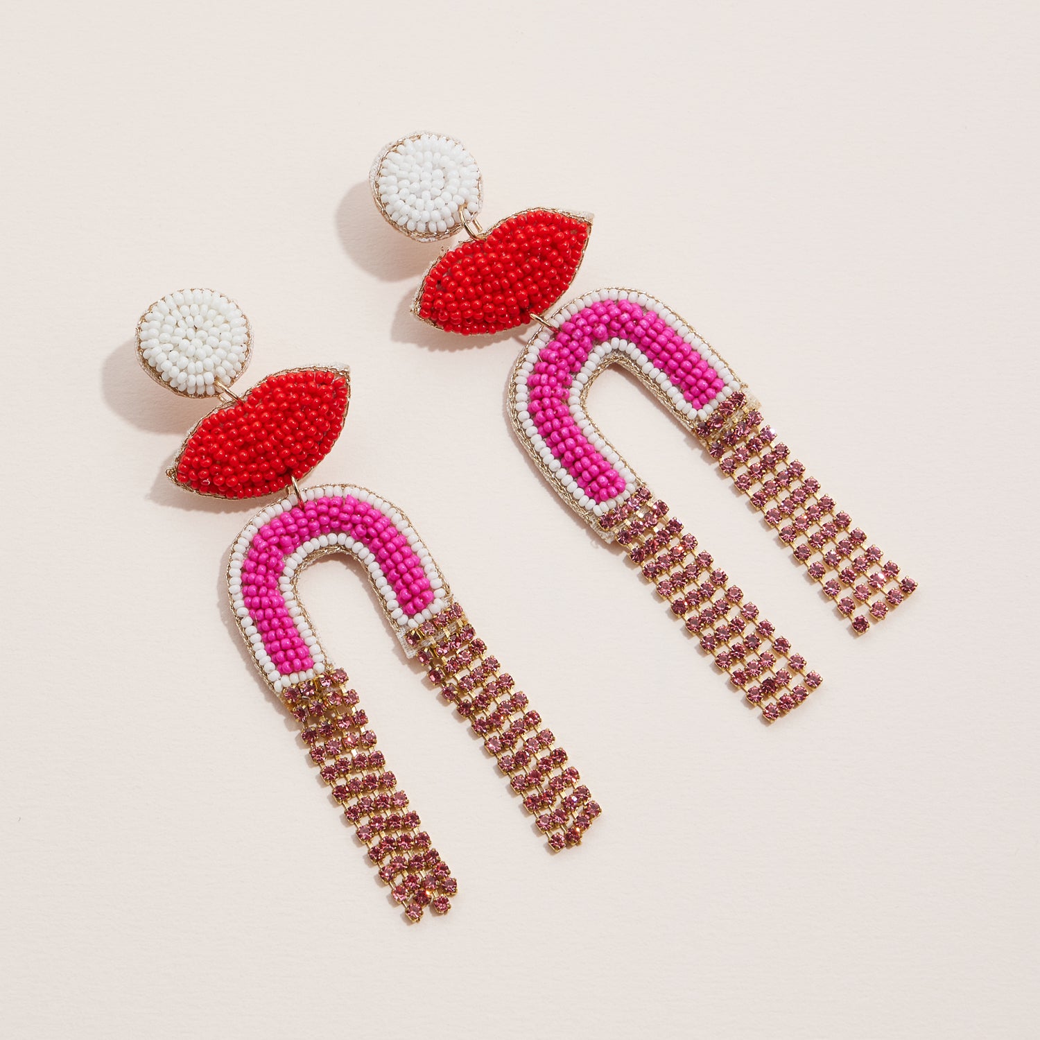 Pink and Gold Fringe Lip and Arch Beaded Drop Earrings