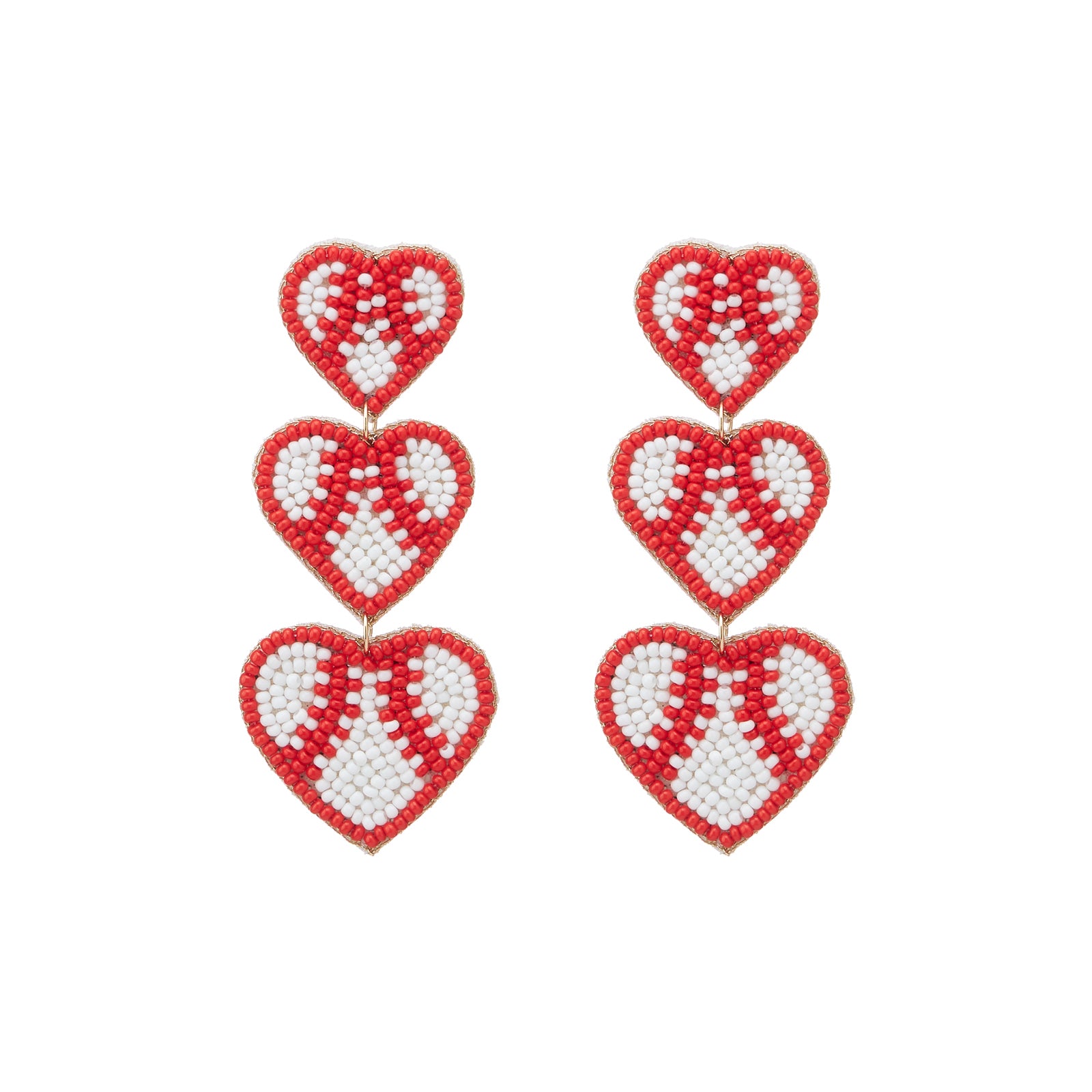 Baseball Heart Seed Bead Drop Earrings