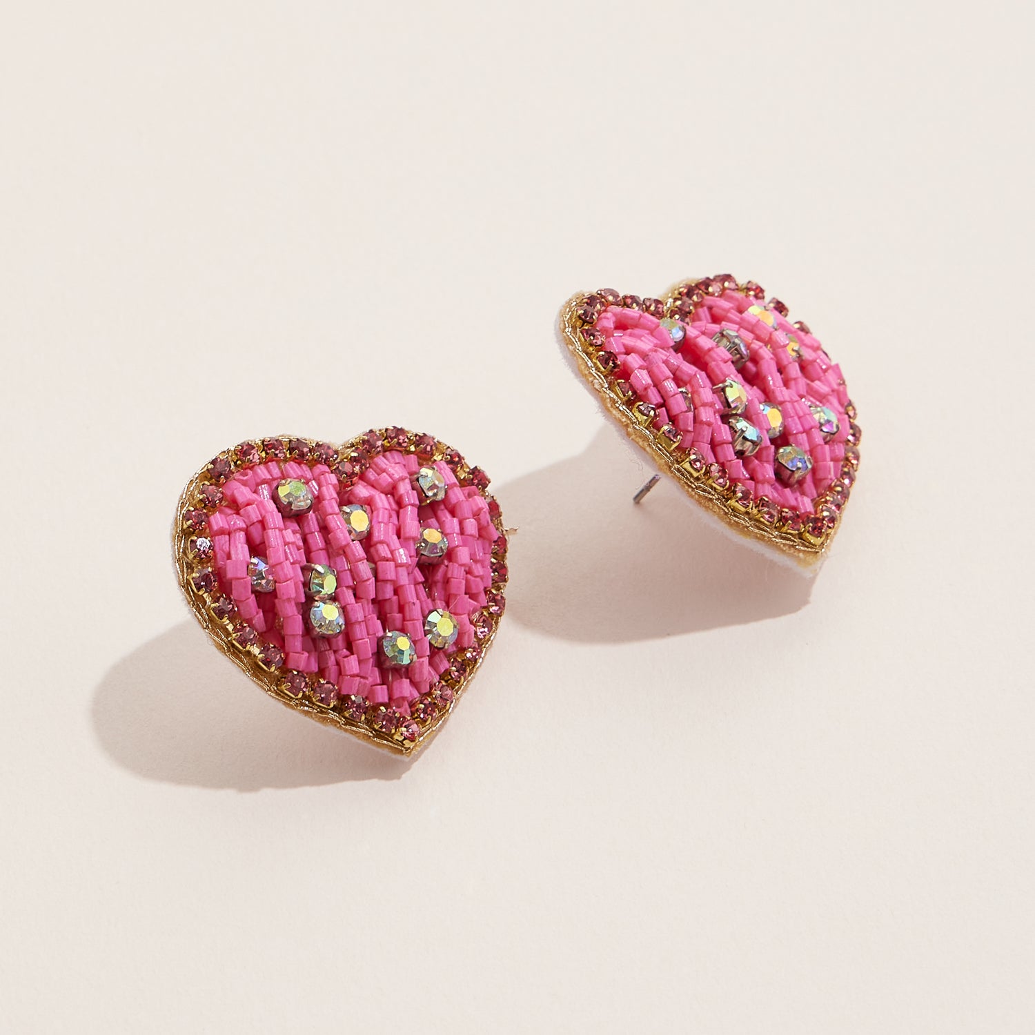 Pink Beaded Heart Stud Earrings with Rhinestone Details