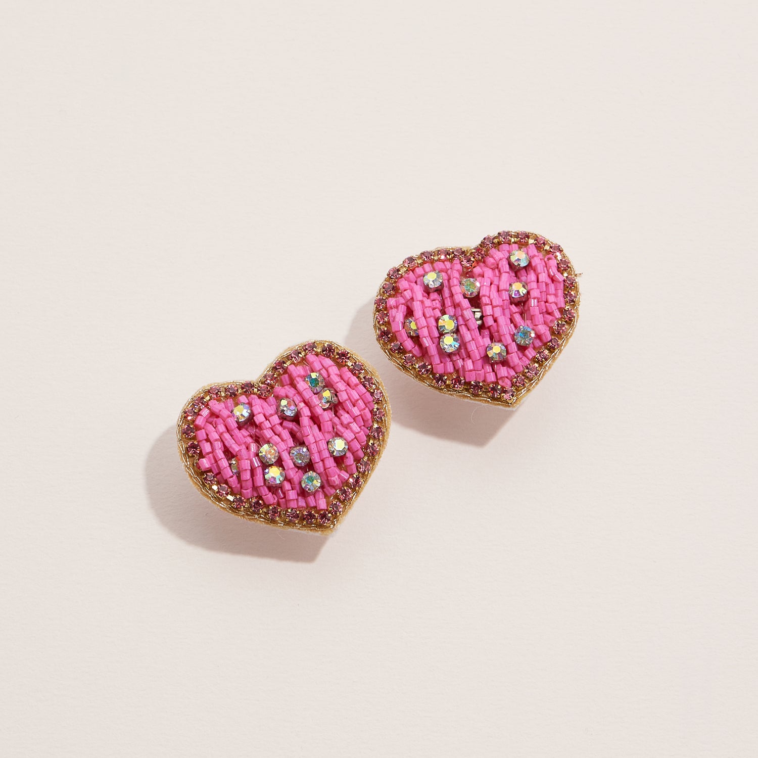 Pink Beaded Heart Stud Earrings with Rhinestone Details