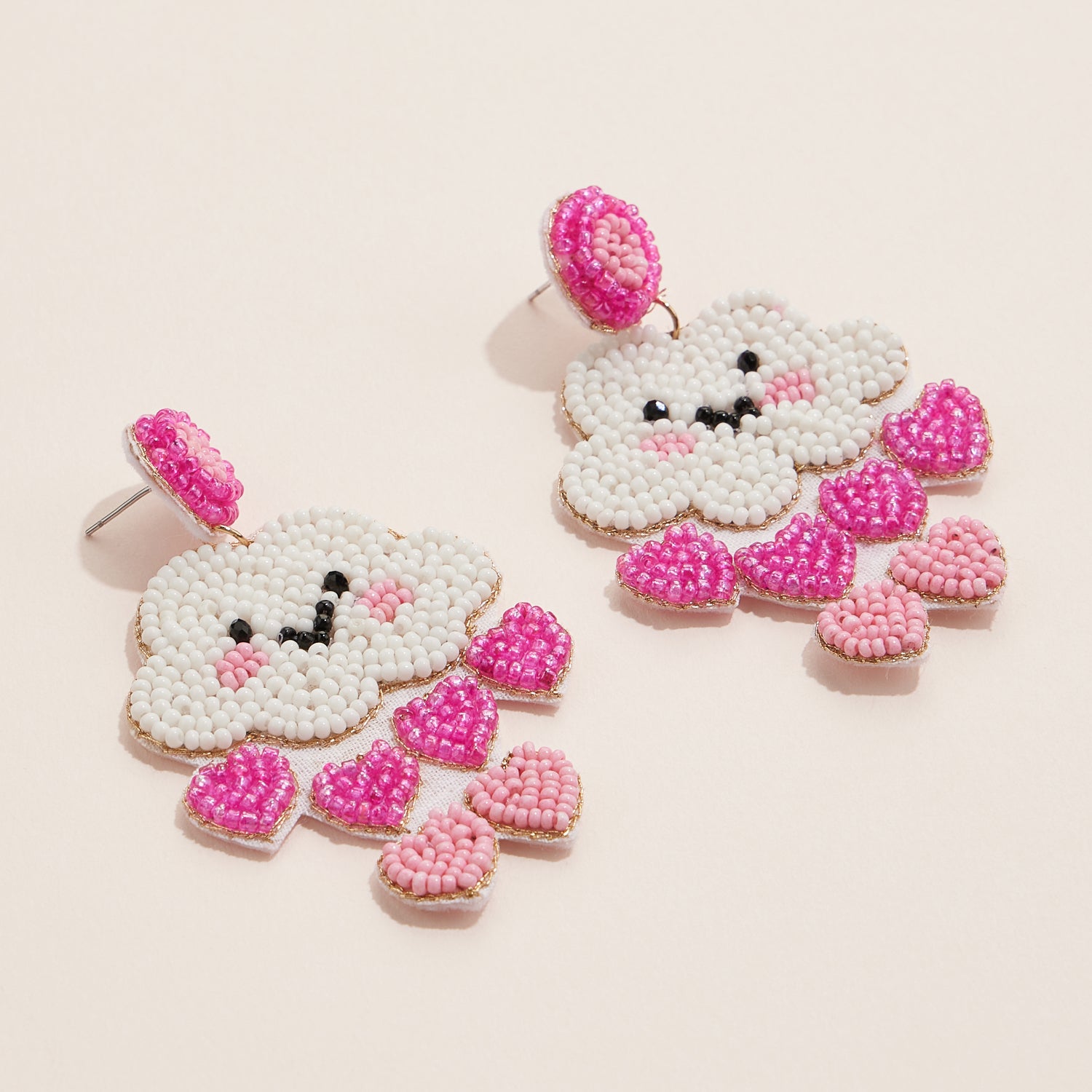 Beaded Cloud Earrings with Dangling Heart Charms