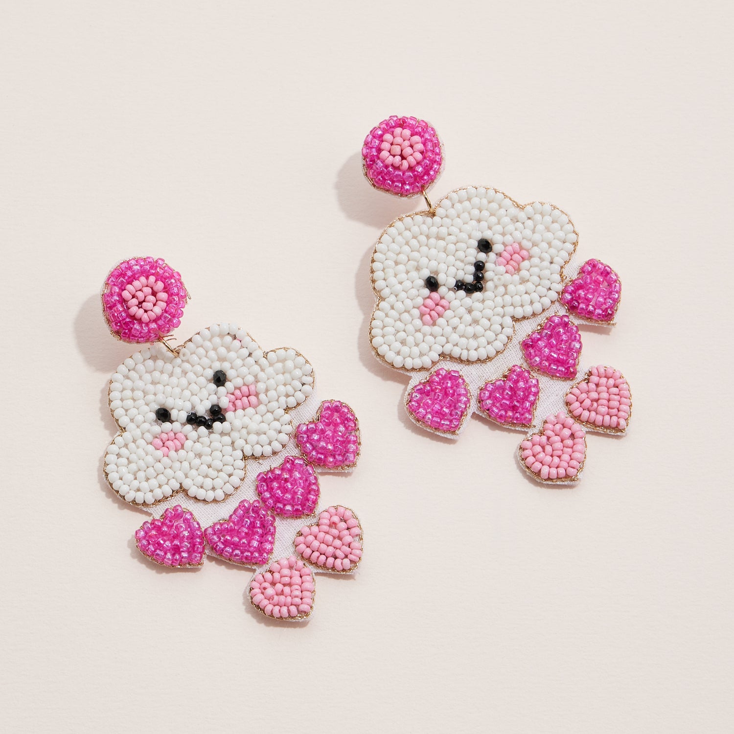 Beaded Cloud Earrings with Dangling Heart Charms
