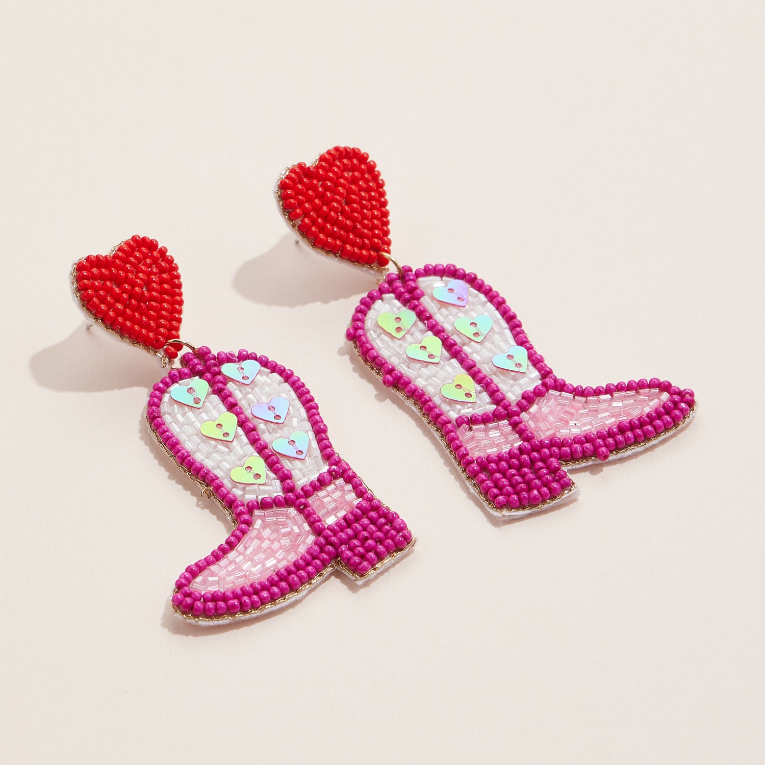 Beaded Cowgirl Boot Earrings with Delicate Heart Accents