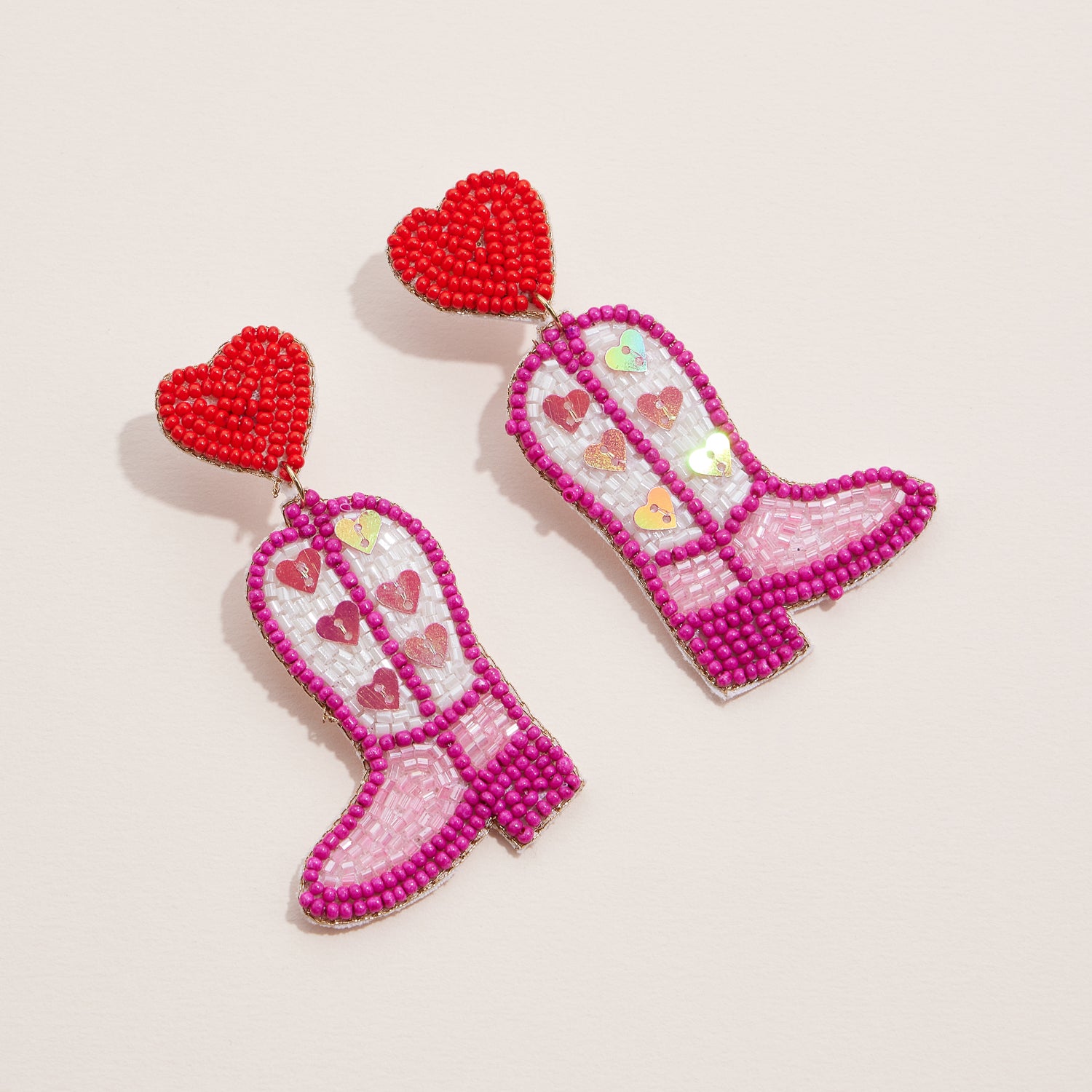 Beaded Cowgirl Boot Earrings with Delicate Heart Accents