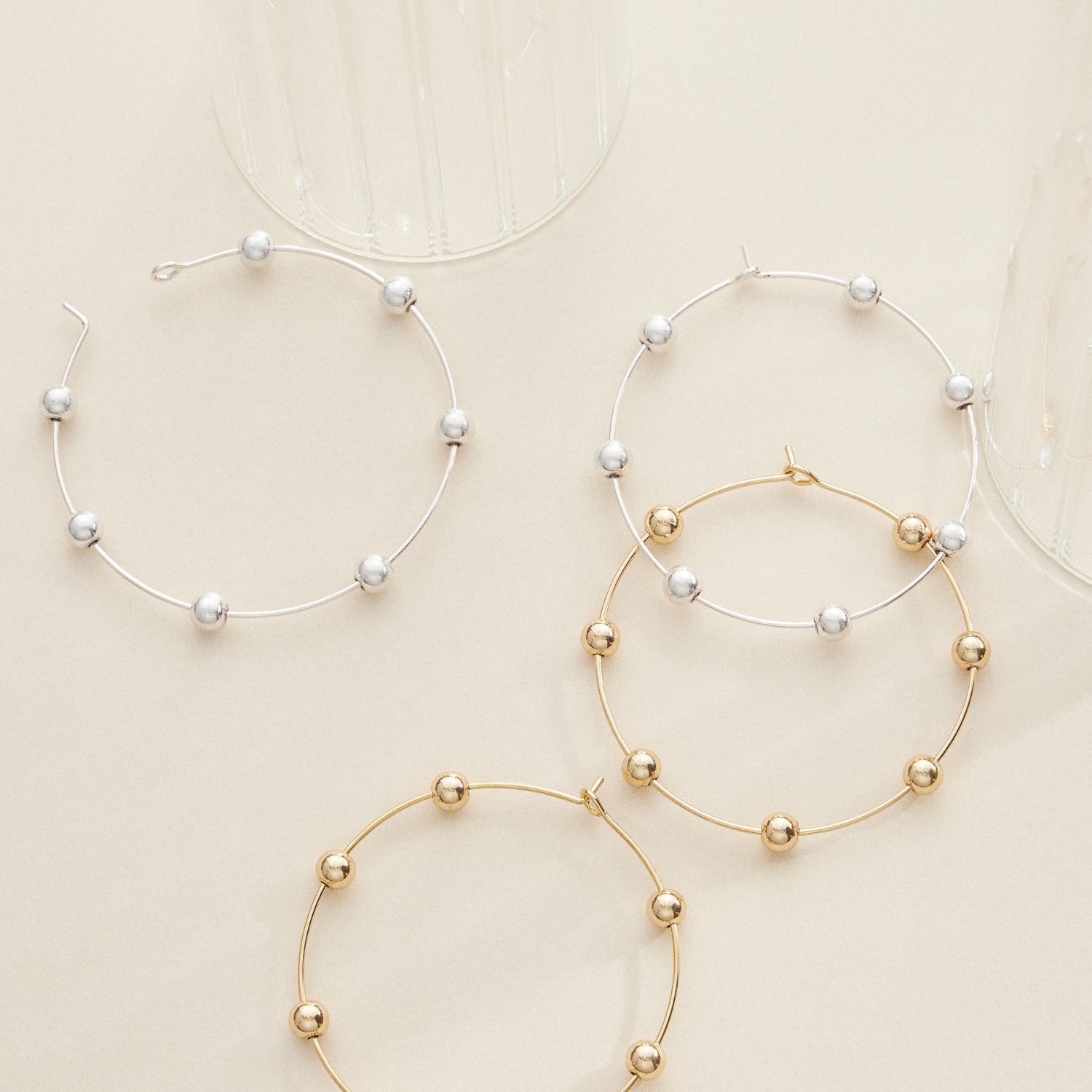 Minimalist Beaded Hoop Earrings in Silver and Gold - Lightweight Modern Jewelry