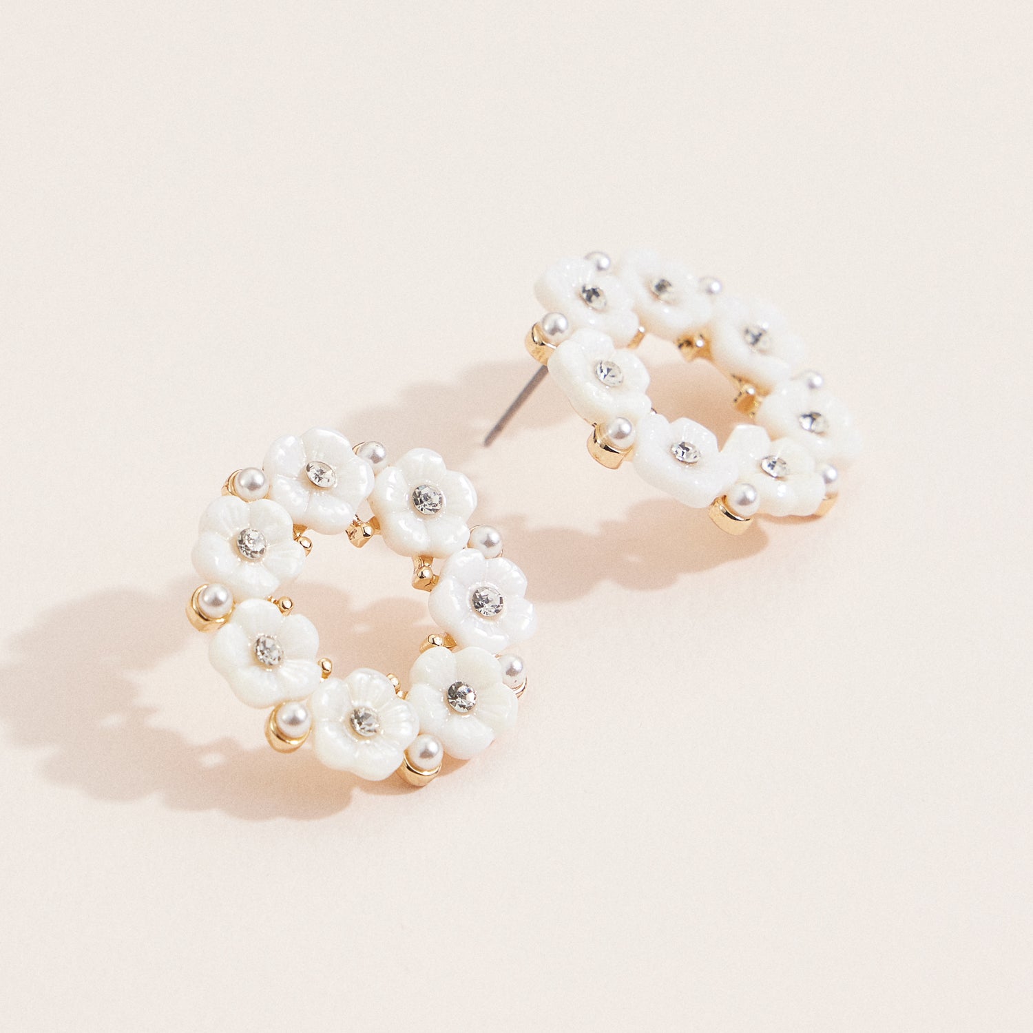 Floral Wreath Stud Earrings with Pearl, Crystal & Mother of Pearl