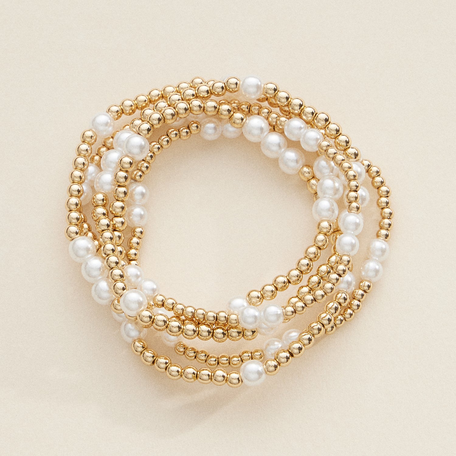 Gold Beaded Stretch Bracelets with Faux Pearls – Elegant Stackable Jewelry Set