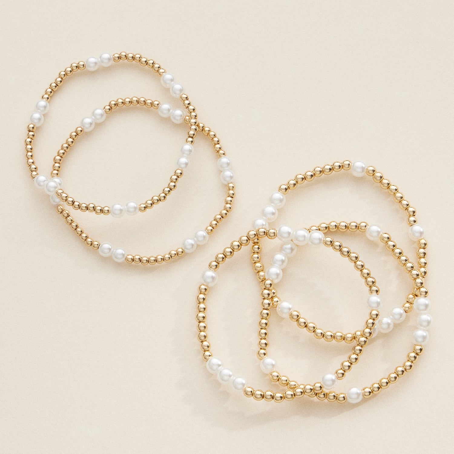 Gold Beaded Stretch Bracelets with Faux Pearls – Elegant Stackable Jewelry Set