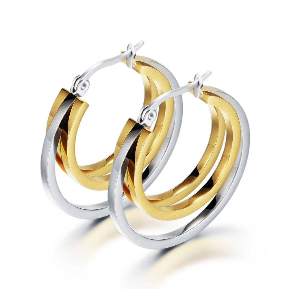 18K Gold Plated Stainless Steel Tri Layered Hoop Earrings