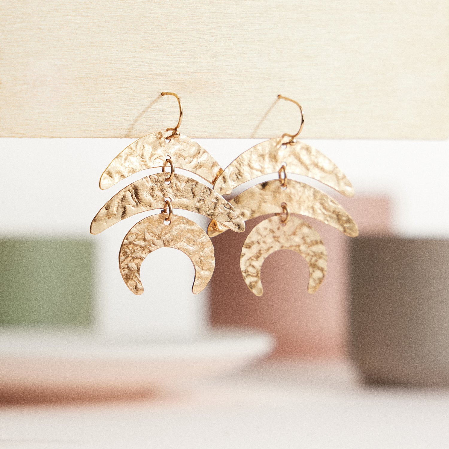 Gold-Tone Moon Phase Earrings – Hammered Brass Celestial Design