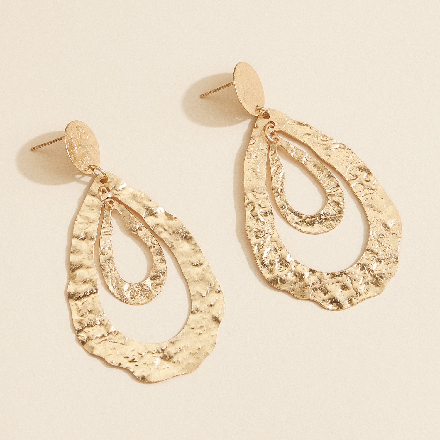 Hammered Brass Teardrop Earrings – Gold-Tone Layered Dangle Earrings