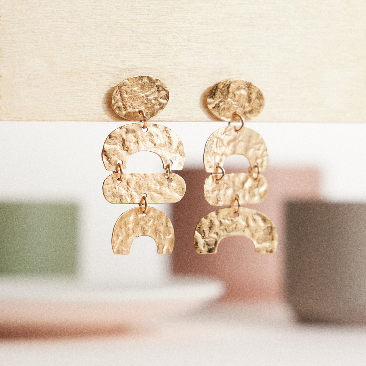 Hammered Geometric Brass Earrings – Gold-Tone Artisan Statement