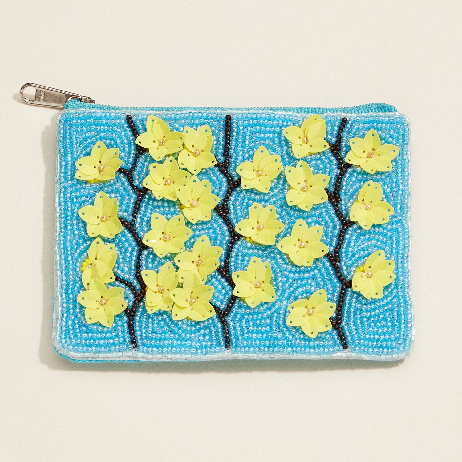 Blue Beaded Floral Clutch – Yellow Blossom Zip Pouch with Sequin Detail