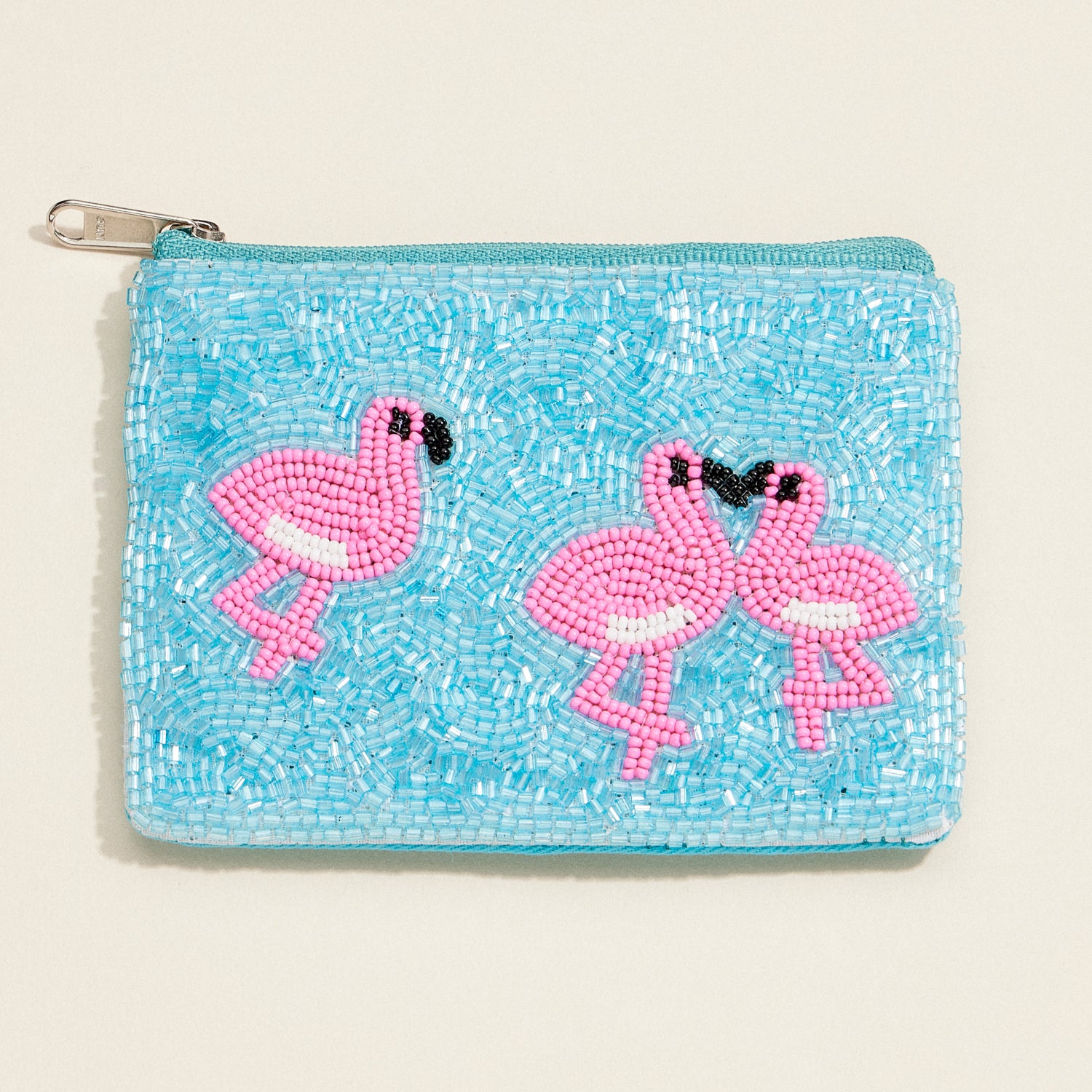 Tropical Flamingo Beaded Clutch – Blue Sequin Zip Pouch