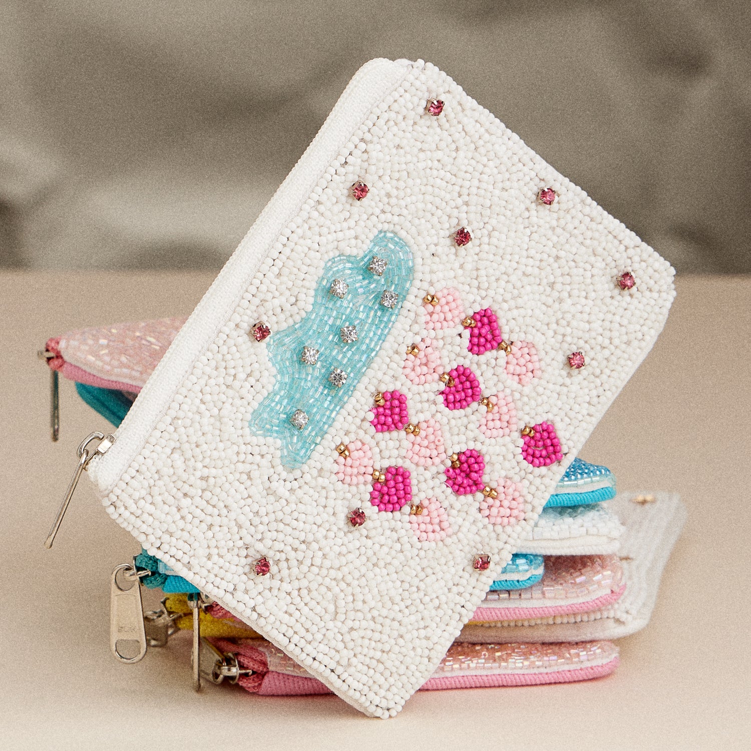 Beaded Heart Rain Cloud Zip Pouch – Whimsical Sparkle Clutch