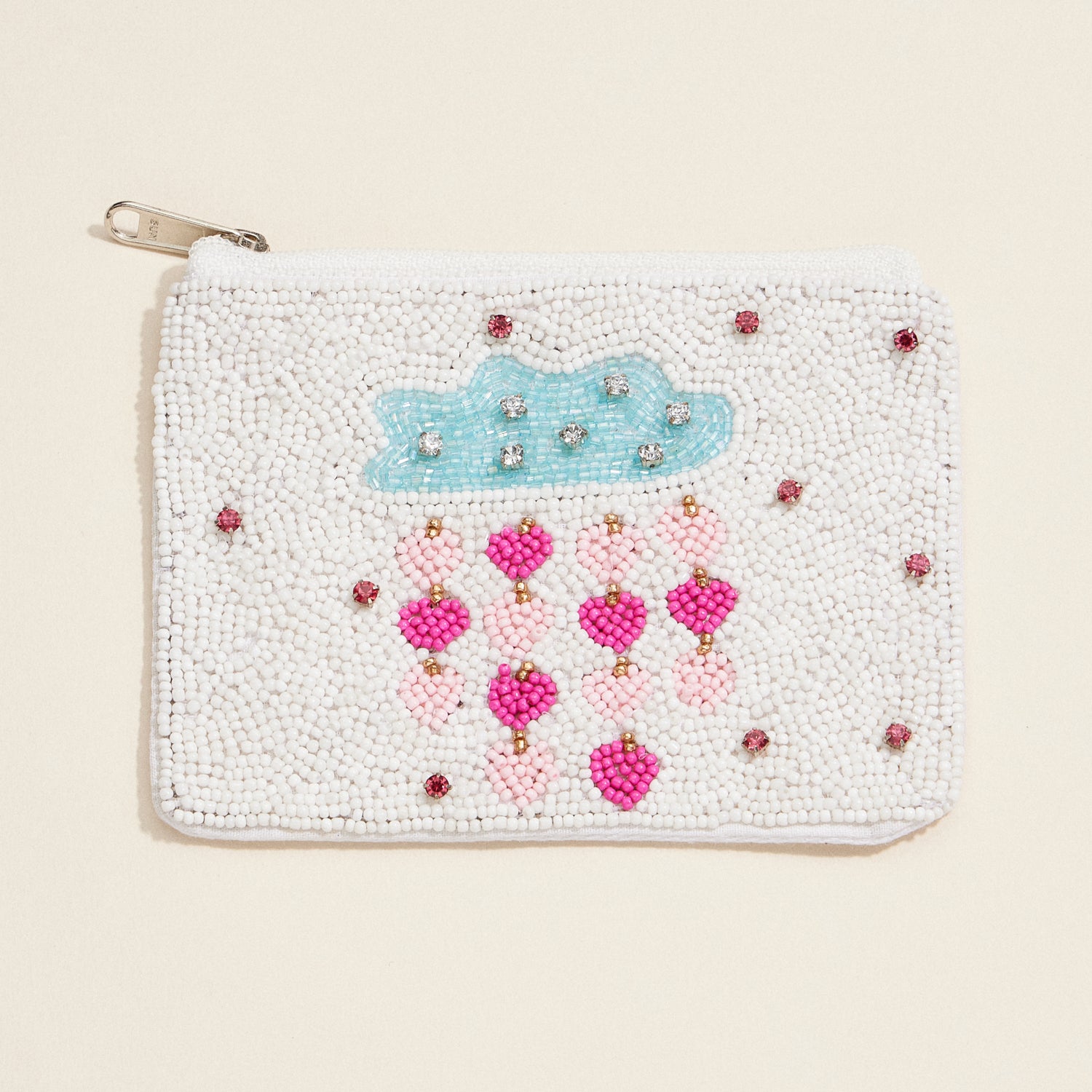 Beaded Heart Rain Cloud Zip Pouch – Whimsical Sparkle Clutch