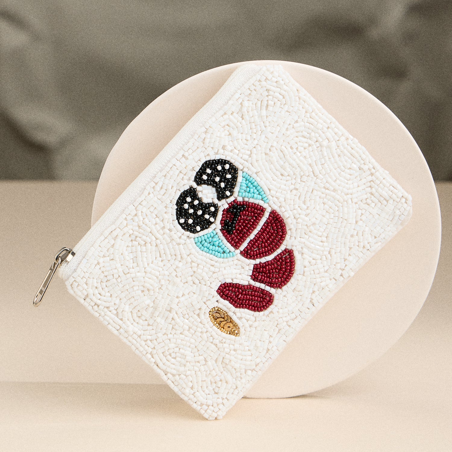 Beaded Lobster Zip Clutch – White Sequin Coastal-Inspired Purse