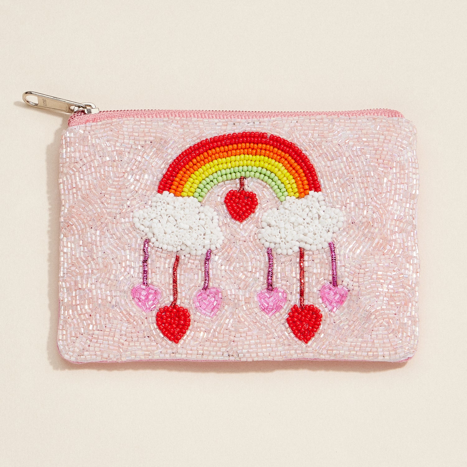 Pastel Rainbow & Hearts Beaded Clutch – Pink Sequin Zip Coin Pouch