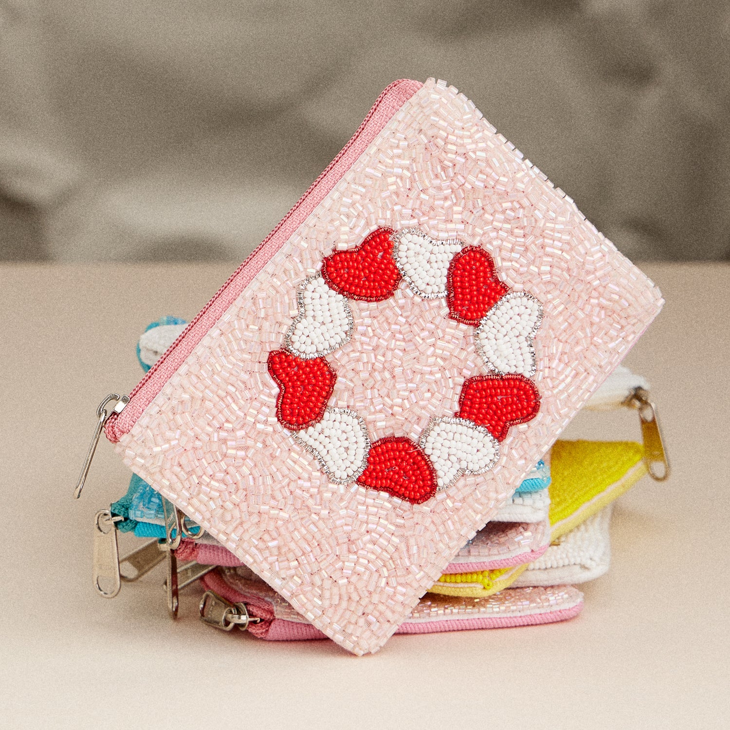 Beaded Pink Heart Wreath Clutch – Romantic Sequin Zip Pouch