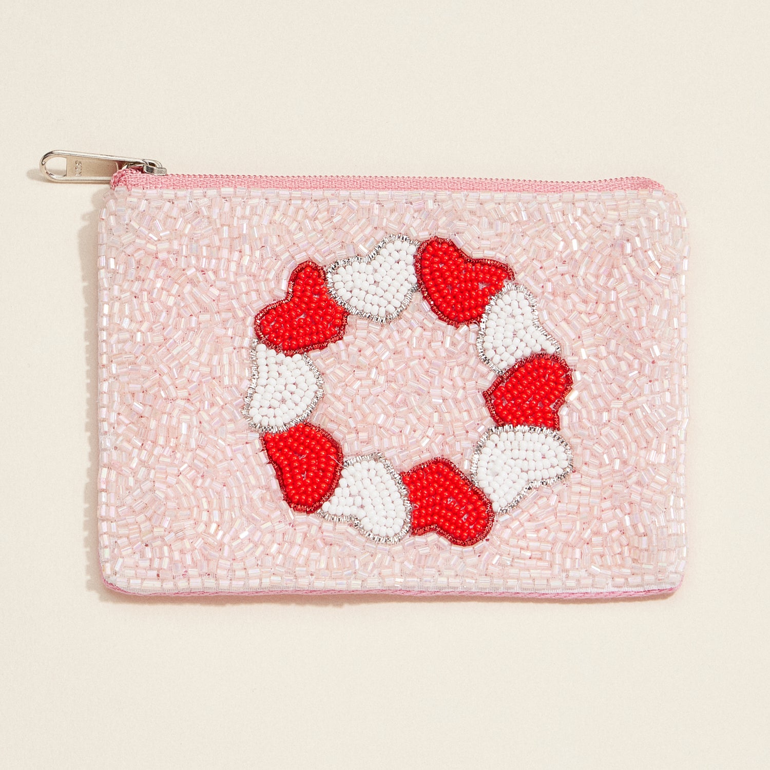 Beaded Pink Heart Wreath Clutch – Romantic Sequin Zip Pouch