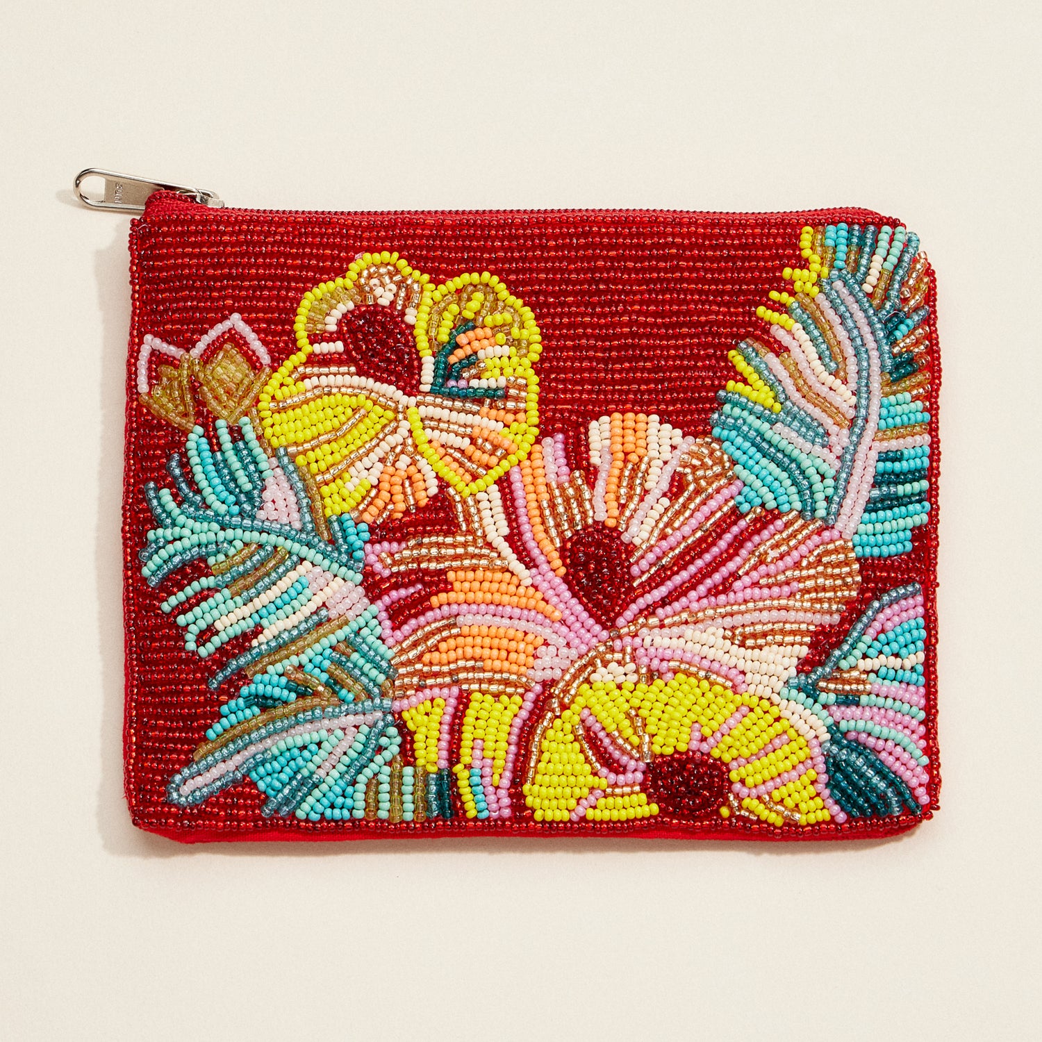 Beaded Hibiscus Floral Clutch – Red Tropical Zip Pouch for Summer